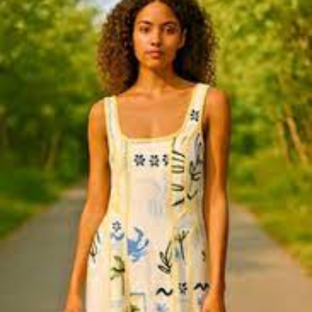 Caroline Constas Cream Midi Dress with Blue & Yellow Floral Print large NWT